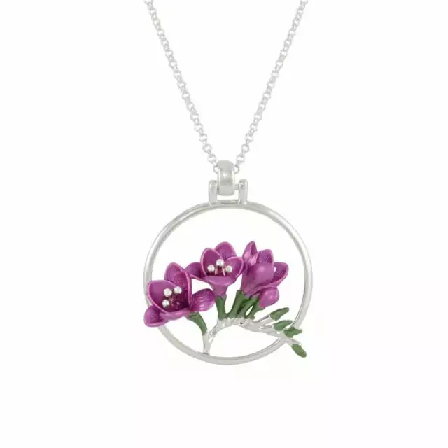 Freesia Plum Enamel Silver Tone Round Flower Pendant