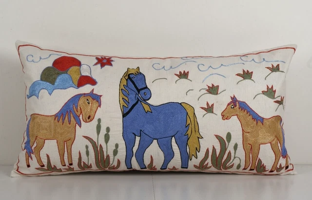 Uzbek Animal Pictorial Suzani Bed Cushion Cover with Animal Motif