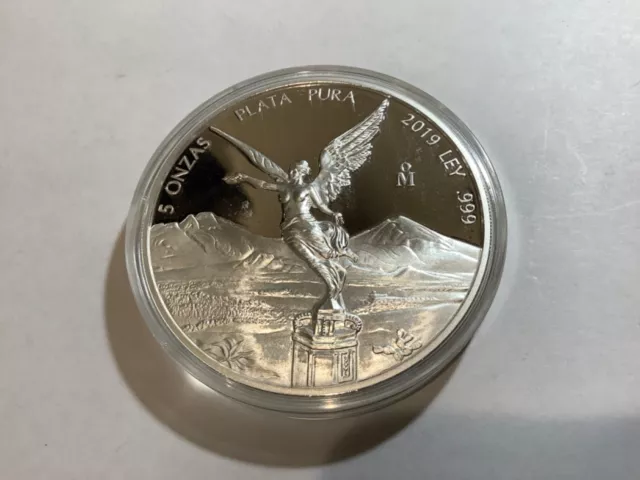 Rara 2019-MO México 5 OZ Moneda Libertad Prueba Plata en Soporte Bajo Pop