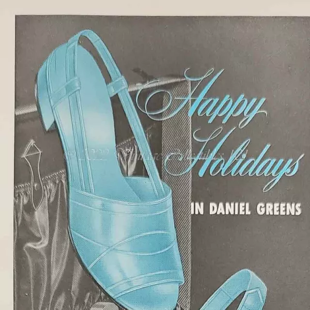 1952 Daniel Green Blue Satin Slippers Women's Fashion photo art decor vintage ad