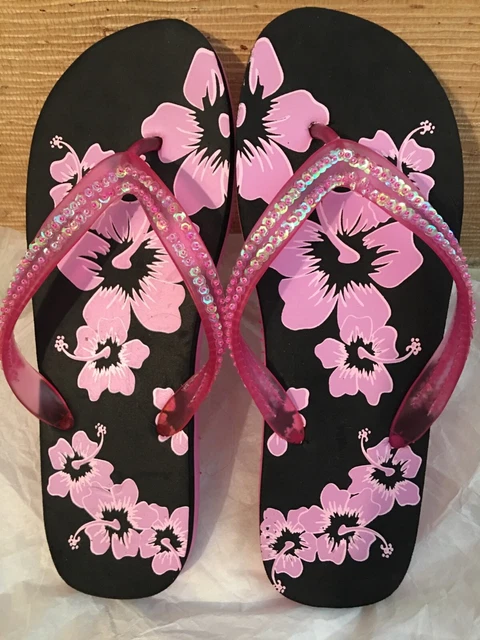 Women's Pink Floral on Black with Beads/Sequins Flip Flops Sandals Size 10