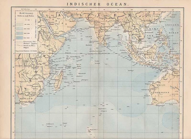 Indischer Ozean Seekarte Indik Meerestiefen Landkarte von 1884