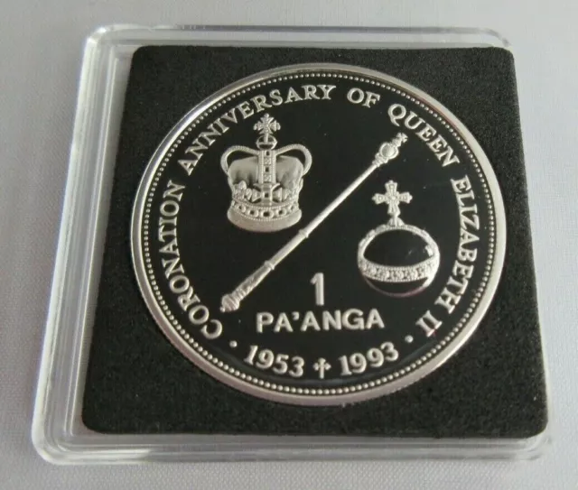 1993 Kingdom Of Tonga Qeii Coronation Anniv Silver Proof 1 Paanga Coin Box & Coa