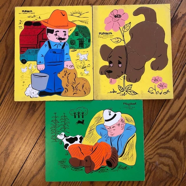 VINTAGE PLAYSKOOL WOODEN Tray Puzzle (Little Boy Blue + Farmer + Rover