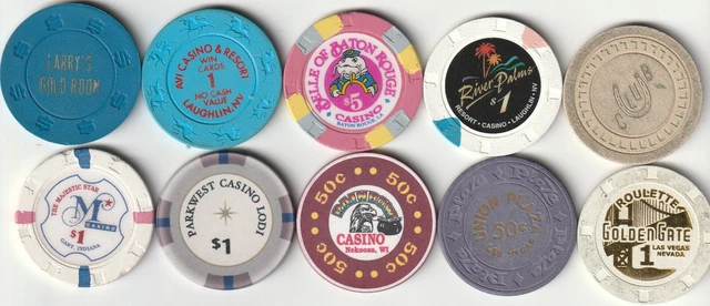 10 Different Casino Chips From Casinos In Various Locations And Denominations