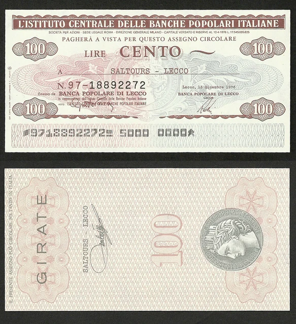Istituto Centrale Delle Banche Popolari 100 Lire Miniassegni 1976 Italy Notgeld