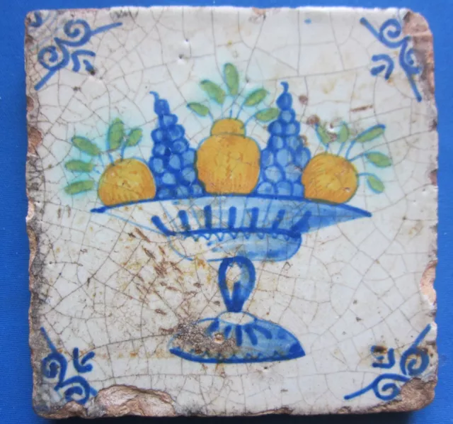 Antique Delft tile - 17th century - fruit on tazza