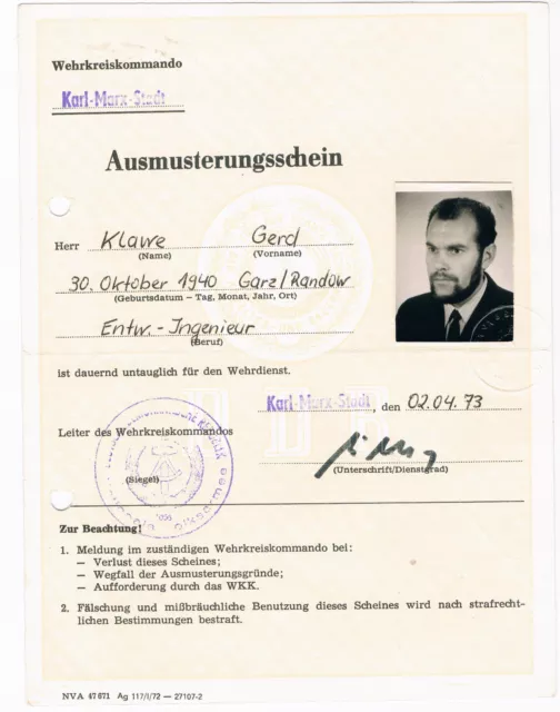 Ausmusterungsschein NVA DDR-Dokument Notionale Volksarmee