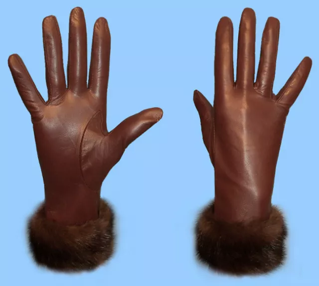 NEW WOMENS size 7.5 BROWN LAMBSKIN LEATHER GLOVES w/ DARK RANCH MINK FUR TRIM