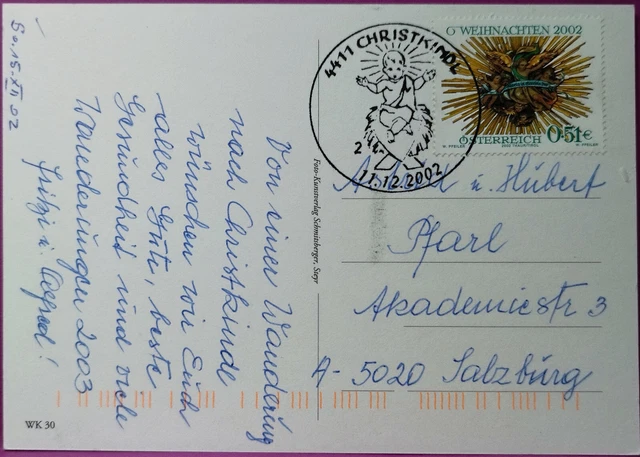 CHRISTKINDL 2002  Christkindlstempel auf Weihnachtspostkarte gelaufen