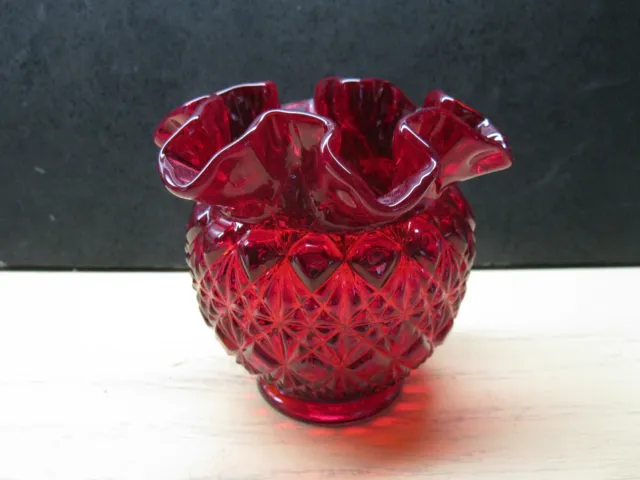 Fenton Ruby Red Double Crimped Ruffled CUT & BLOCK Glass Rose Bowl Vase 1970s