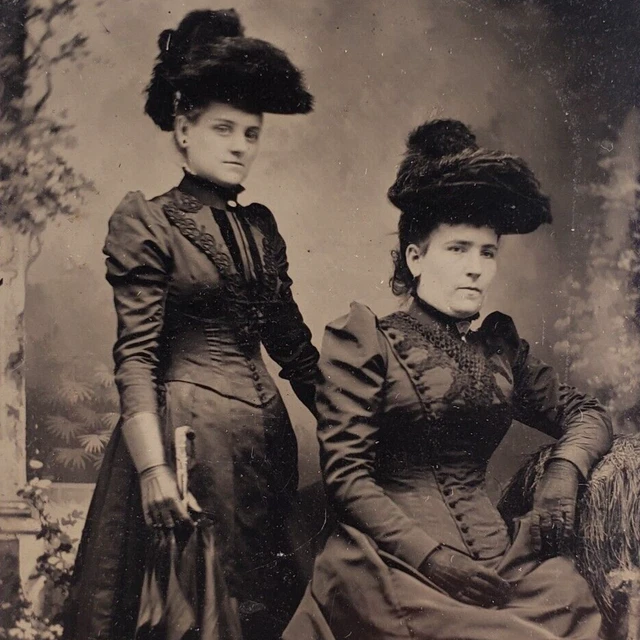 Goth Girls Big Hats Tintype c1870 Antique 1/6 Plate Photo Vintage Women H558