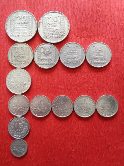 Lot 14 Pièces de Monnaie Ancienne Argent France Suisse Turin 20 10 Fr Semeuse