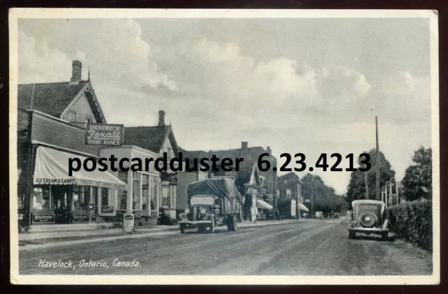 HAVELOCK Ontario Postcard 1930s Street View Ice Cream Drugstore by Evans