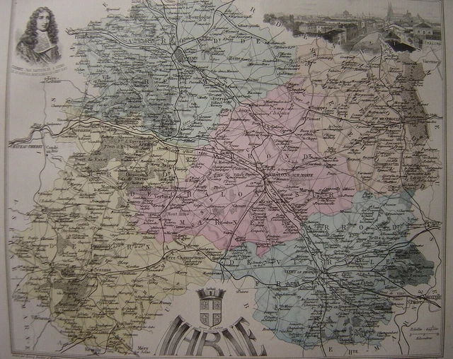 CARTE du Département de la MARNE de 1886 Portrait de Colbert  Gravure de Châlons