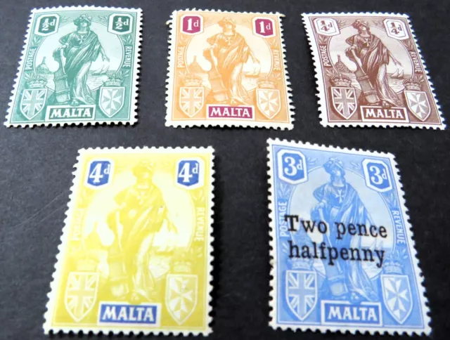 Malta 5 Postage Stamps George V - 1922 - 123/4/5/132/142 - Part Set - MVLH