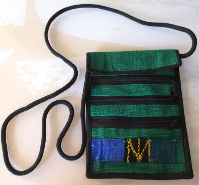 NEW Passport Holder w/Cord Guatemala Hand Made Huipil Cross Body Bag Purse Green