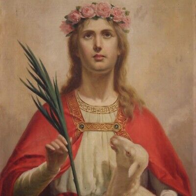 Santa Ines arte religioso pintura oleo sobre lienzo cordero siglo XX 900