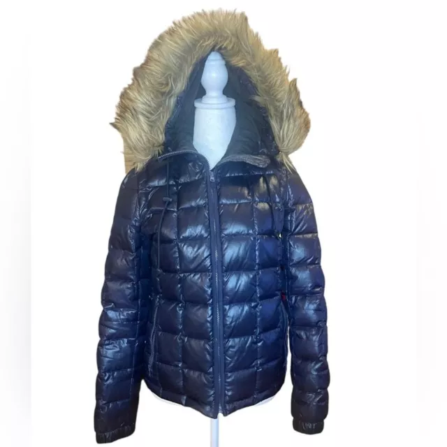 J Crew Navy Quilted Down Puffer Jacket with faux Fur Hood Women’s Size XS