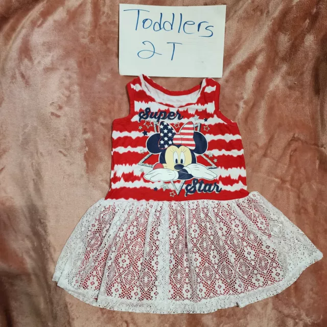 Toddler Girls 2T Disney Minnie Mouse American Flag Bow Super Star Lacy Dress