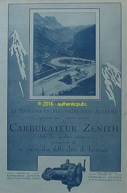 Publicite Zenith Carburateur Voiture Le Tourisme En Montagne De 1923 French Ad