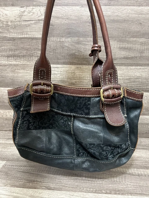 Fossil Black Leather Mixed Print Patchwork Round Shoulder Bag Purse
