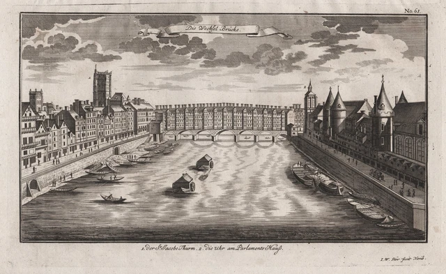 Paris Pont Au Change Sua Rotocalco Vista View Vue Incisione Engraving 1735
