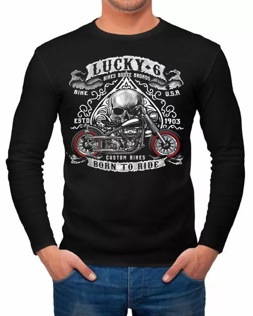 Herren Longsleeve Biker Lucky 6 Totenkopf Pik Motorrad Shopper USA Live to Ride