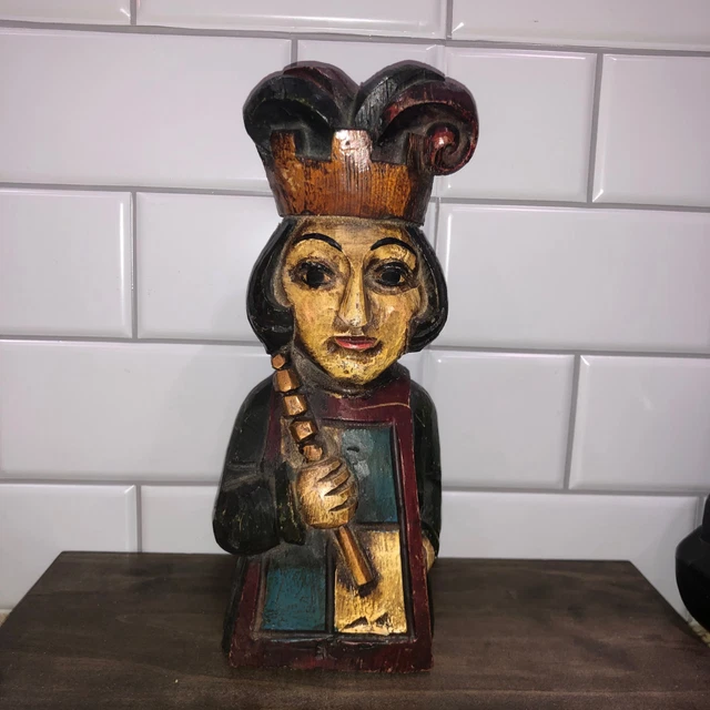 Vintage Elegant Hand Carved Wooden Statue of a Majestic Medieval Flutist Queen