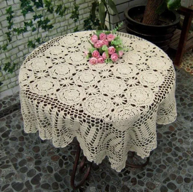 Vintage Handmade Crochet Cotton Flower Tablecloth Doily Square Lace Table Topper