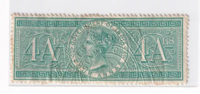 India Stamps - Fiscal  4 Annas- Victoria Era - Embossed scarce cancel
