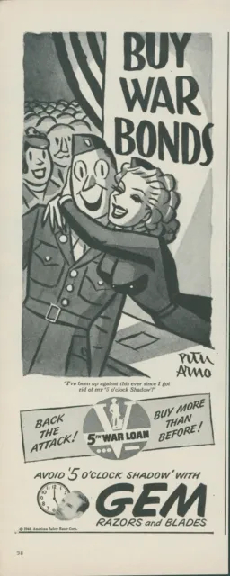 1944 Gem Razors A/S Peter Arno Buy War Bonds Woman Hug Soldier Vtg Print Ad L19