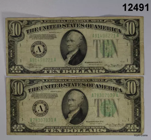 Lot Of 2 1934 A $10 Federal Reserve Notes Green Seal! #12491