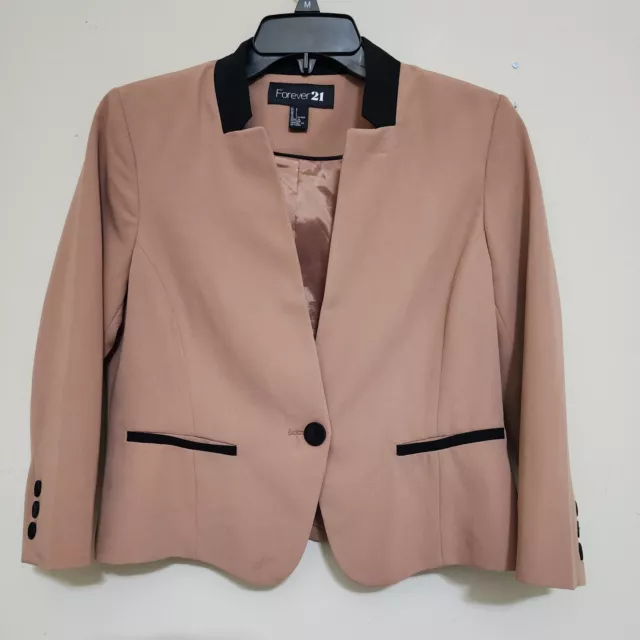 FOREVER 21 Single Button Madarin Collar 3/4 Sleeve Blazer, size Large Tan/Black