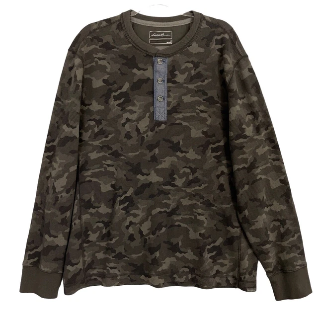 Eddie Bauer Mens Shirt Large Gray Camouflage Thermal Knit 3 Button Pullover