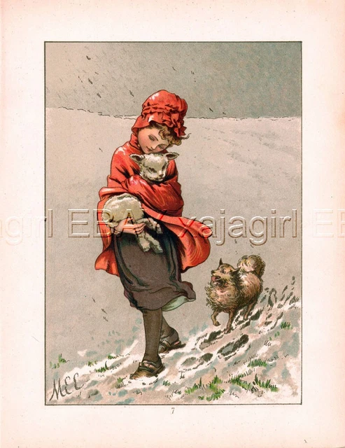 DOG Spitz or Volpino Italiano, Girl & Lamb, 1880s Antique Chromolith Print