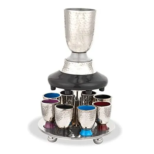 Elegant Display Kiddush Cup Wine Fountain Set - Hammered Metal with Multicolor