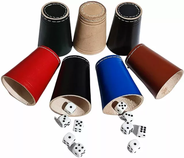 Colour Dice Cup with 5 Dice 16mm Shaker Genuine Leather Poker Farkle Games night