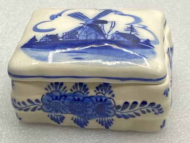 Molino de viento vintage Delft azul holandesa pintado a mano molino de viento caja de baratijas