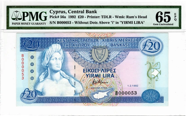 CYPRUS (Central Bank) £20 1992 Gem UNC PMG 65 EPQ Banknotes P-56a Prefix B