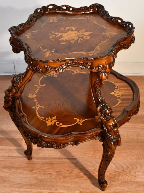 1920 Antique French Louis XV Walnut inlaid & carved Cherub 2 Tier side end table