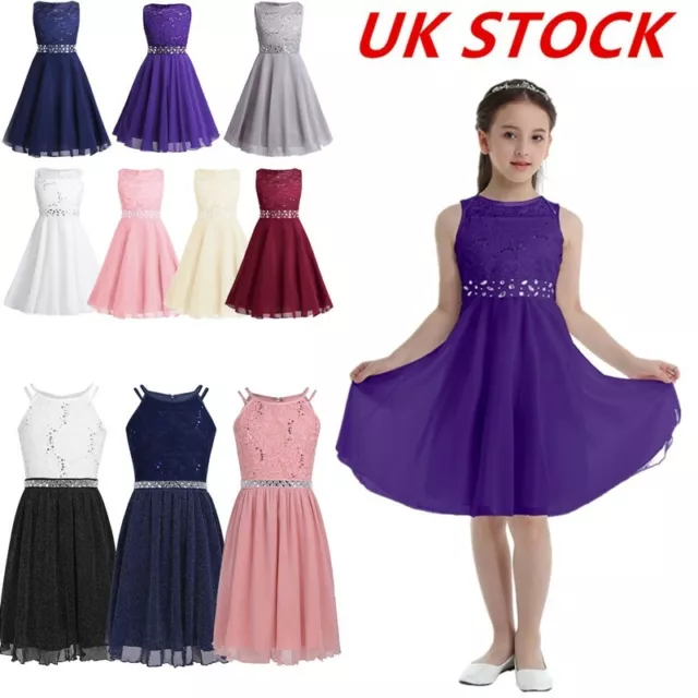 UK Flower Girls Chiffon Lace Bridesmaid Dress Wedding Birthday Party Ball Gown