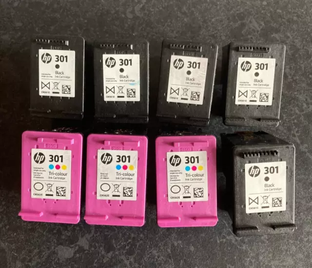 8 x EMPTY Used HP 301 Ink Cartridges - 5x Black & 3 x Tri-Colour