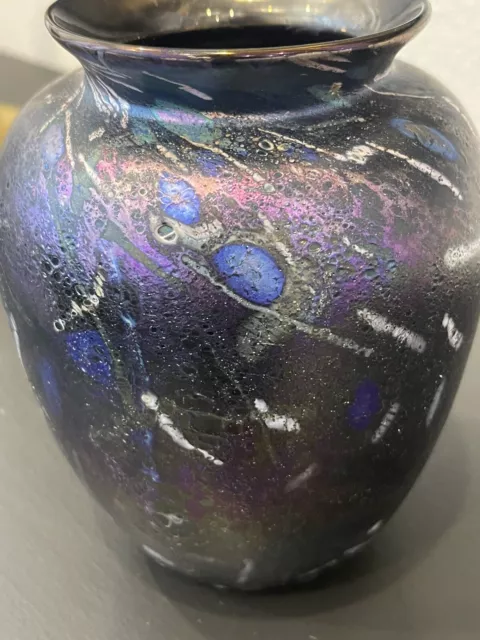 Signed Arthur Allison Blue Purple Iridescent Freeform Studio Art Glass Vase