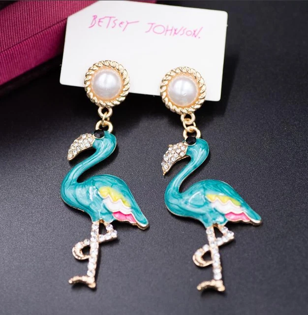 Betsey Johnson rare Rhinestone Blue glaze Pearl bird drop earrings Fashion Jewel