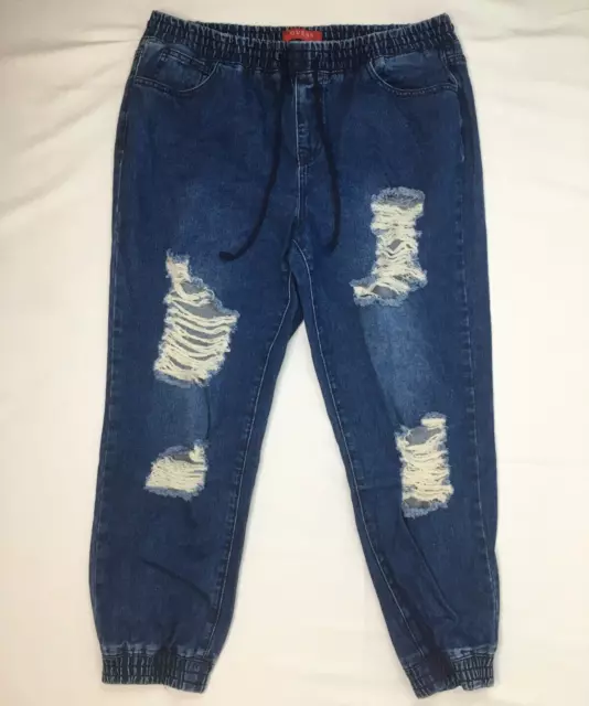 Guess Jogger Jeans Women's Large Blue Distressed Light Wash Drawstring Stretch