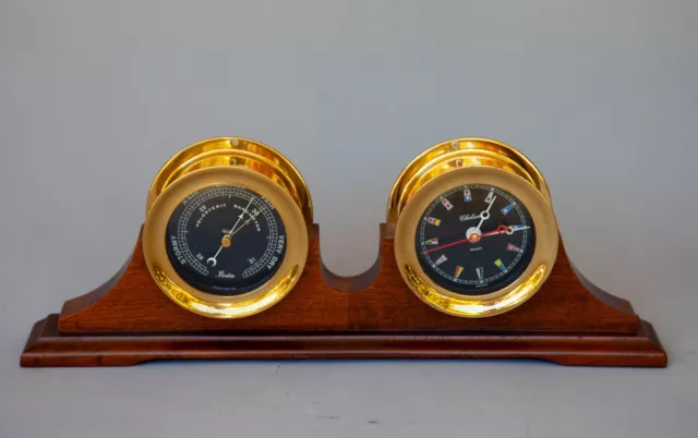 VINTAGE Chelsea Black Flag Clock and Barometer Set w/ wood base stand VGC 2