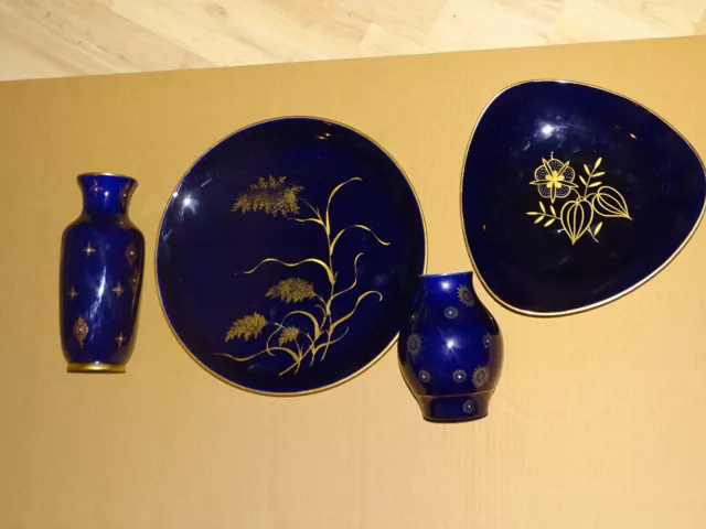 4 teiliges DDR Konvolut Kobalt Blau 2 x Vase 2 x Platte Weimar Porzellan riesig!