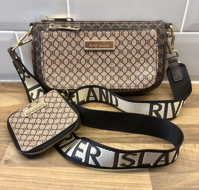 River Island Jacquard Monogram Pouchette Cross Body Bag in Black