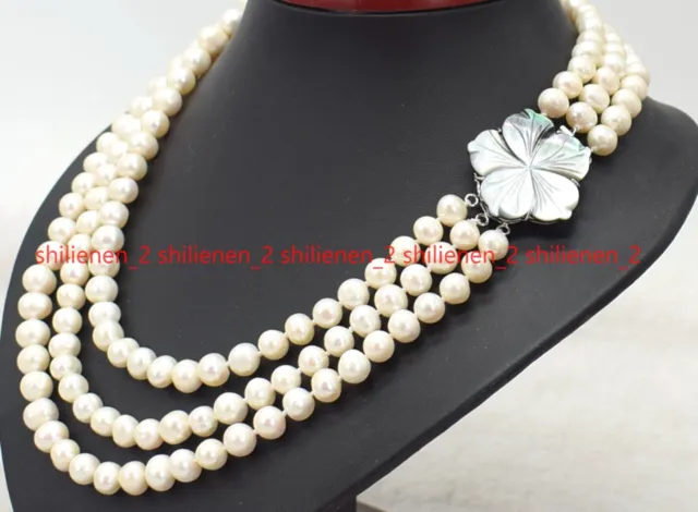 3 Reihig Natürliche 7-8mm weiße Zuchtperlen Halskette Shell Blume Verschluss